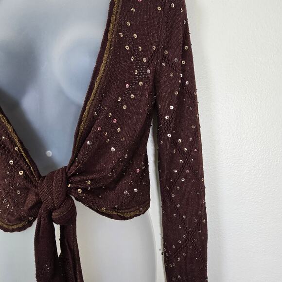 VTG Cache Y2K Shrug Sweater L Brown Gold Sequin Bead Dark Romantic Forest Fairy - Picture 9 of 9